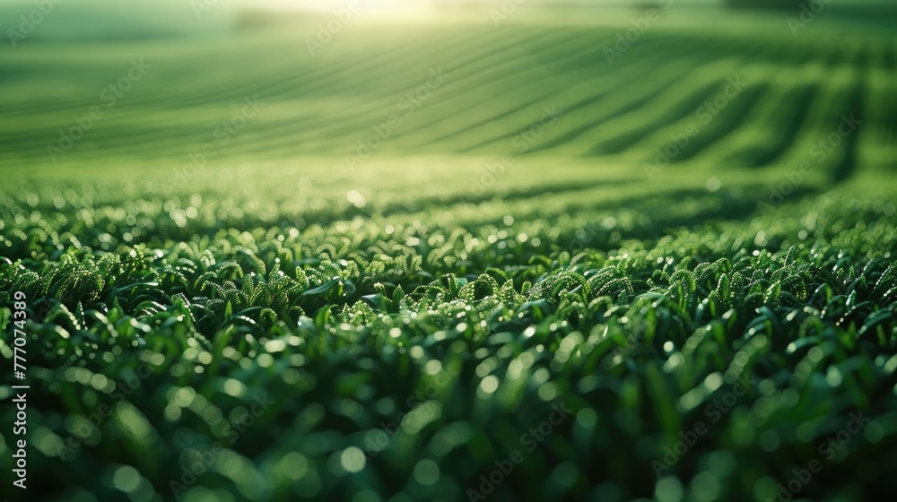 Dewy Farm Fields at Dawn, Fresh morning dew clings to the vibrant green leaves of farm crops, as the first light of dawn casts a soft glow over the land