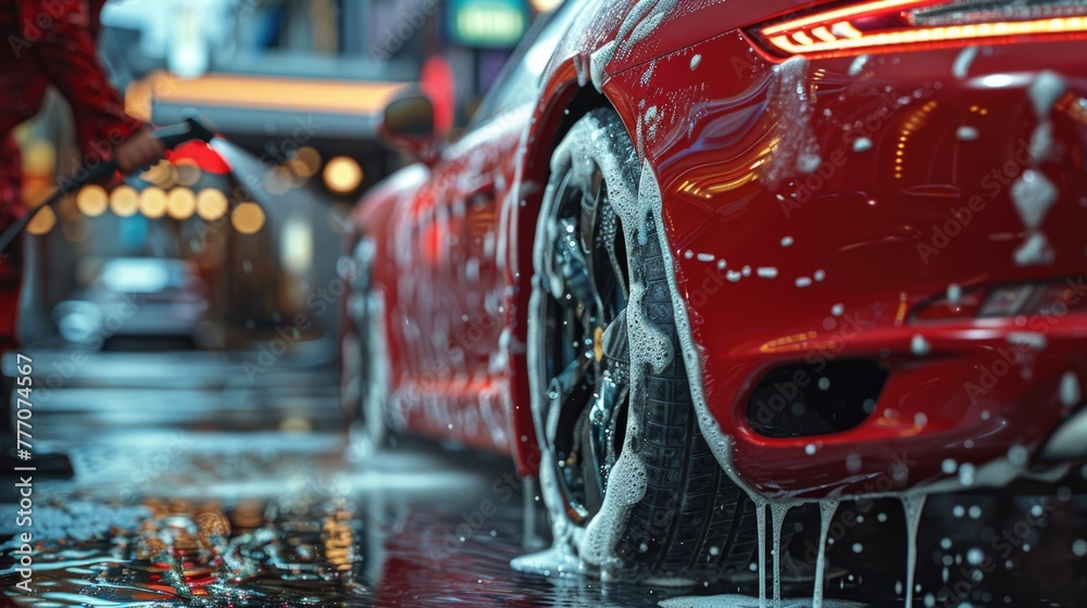 Sleek Auto Detailing at Car Wash, vibrant image capturing the meticulous cleaning process of a luxurious red car, with soap suds highlighting its sleek lines under the bright lights of a car wash Sleek Auto Detailing at Car Wash, vibrant image capturing the meticulous cleaning process of a luxurious red car, with soap suds highlighting its sleek lines under the bright lights of a car wash
