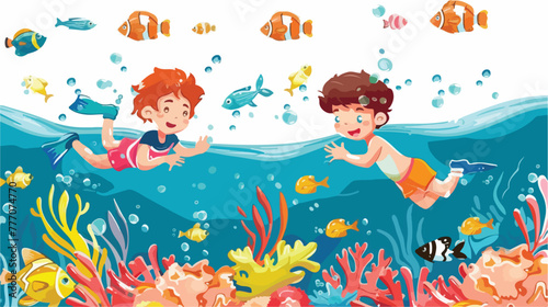 Cartoon kids diving under the tropical ocean flat vector