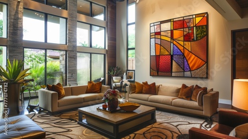 Contemporary Composition The placement of the stained glass artwork on the wall creates a modern and intriguing composition. The overlapping shapes and colors add visual interest and .