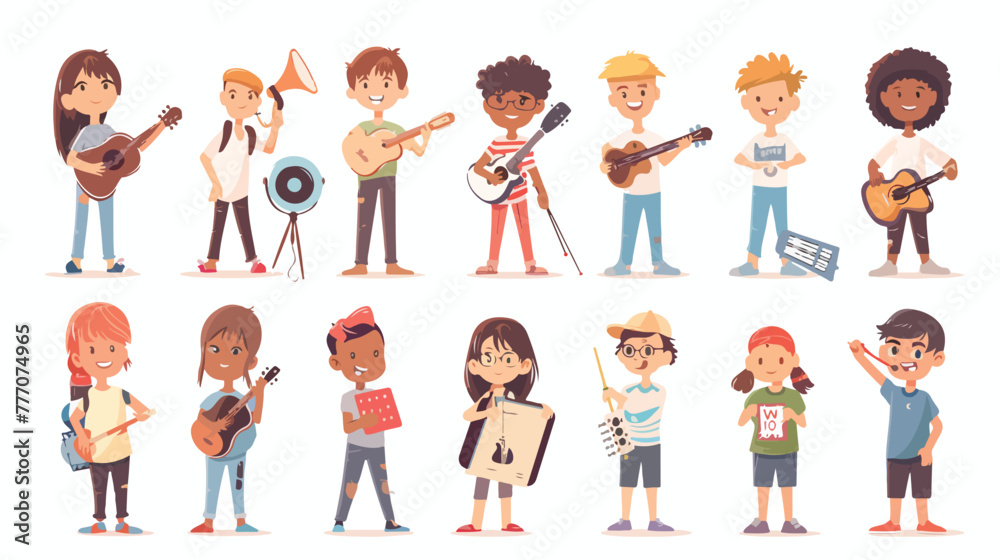 Cartoon kids with different hobbies on a white background