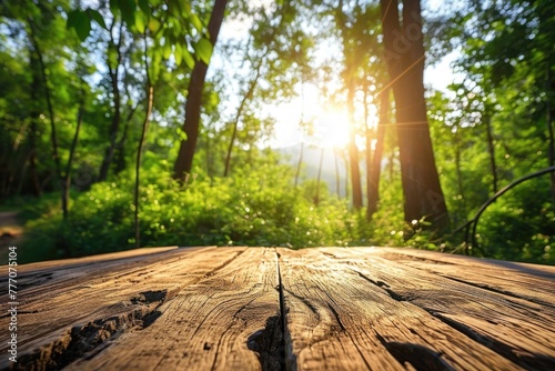 The picture of the wood table in the middle of the forest that surrounded with an uncountable amount of tree and plant in the forest with a bright light from the brightest sun of the daytime. AIGX03.