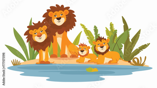 Cartoon lion family near watering hole flat vector isolated