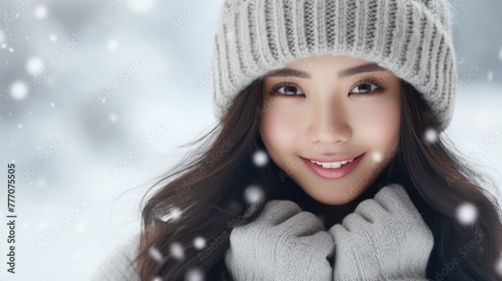 Winter Wonderland Bliss, young woman, adorned in winter attire, exudes a serene beauty against a backdrop of softly falling snow Winter Wonderland Bliss, young woman, adorned in winter attire, exudes a serene beauty against a backdrop of softly falling snow