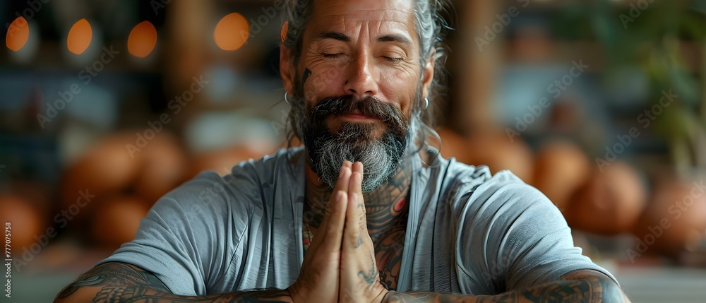 Middleaged tattooed man doing yoga in a group class promoting mindfulness. Concept Yoga, Middleaged, Tattooed, Mindfulness, Group Class