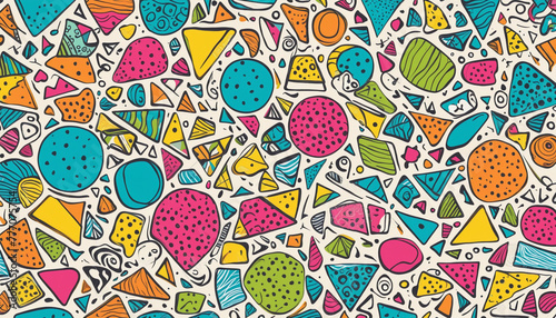 Fun colorful doodle pattern. Creative retro style art background for children or trendy design with geometric shapes. Simple vintage childish backdrop bright colors