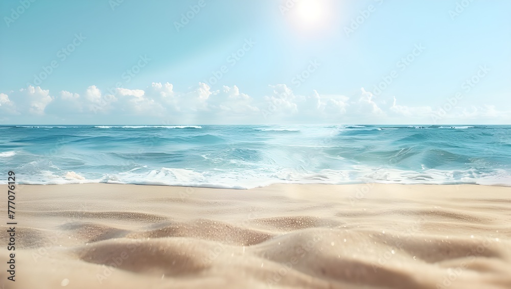 beautiful sandy beach with a clear blue sky and turquoise sea water in the background, sunlight casting soft shadows on the sand.