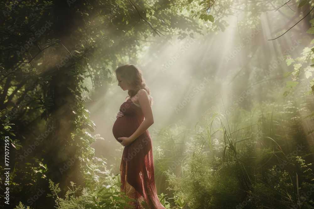 Professional Photography of a Pregnant Supermodel Standing in a Misty Forest, Generative AI Professional Photography of a Pregnant Supermodel Standing in a Misty Forest, Generative AI