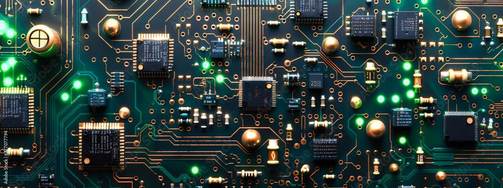 Close-up of a green circuit board, technology and electronics engineering concept Close-up of a green circuit board, technology and electronics engineering concept