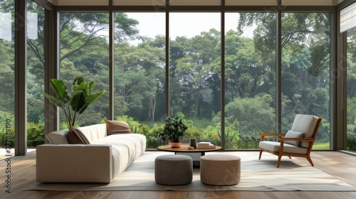 A cozy and inviting living room with large smart glass windows that offer unobstructed views of the beautiful greenery outside. In addition to providing a connection to nature the . © Justlight
