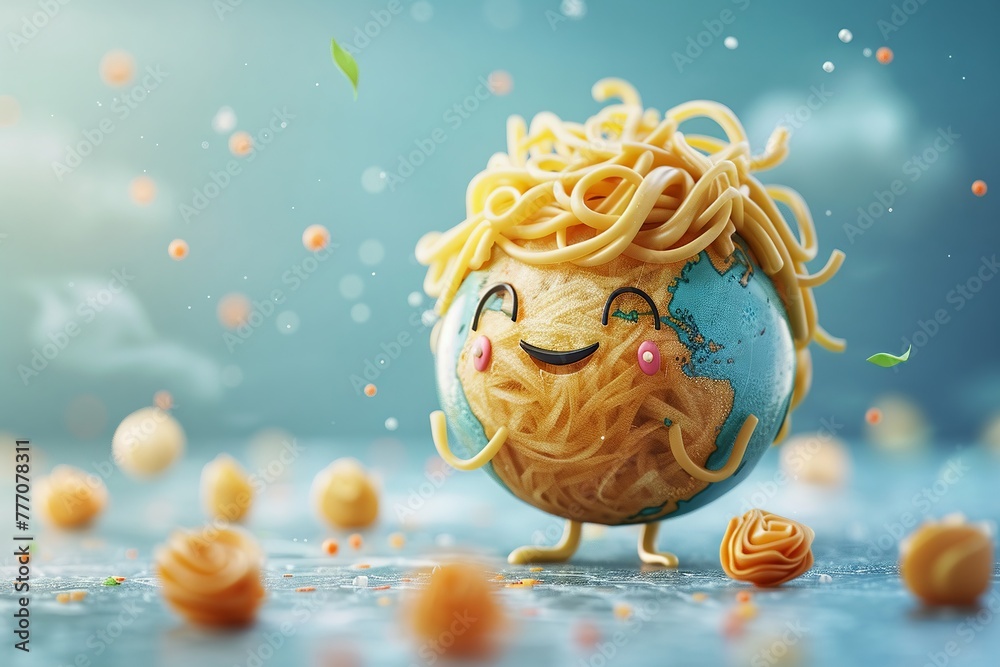 A globeheaded noodle character in 3D, spreading happiness and global unity, celebrates the love for noodles , 3d character design, mascot  very cuted, blender 3d styles, gradient color