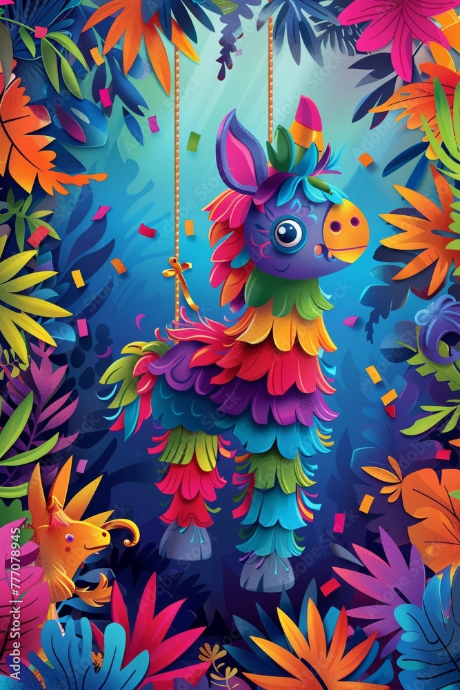 A vibrant illustration of a pinata hanging from a string, with colorful decorations all around