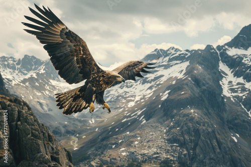 A breathtaking 4K photograph of a majestic eagle in flight, with wings spread wide against a backdrop of rugged mountains, epitomizing strength and freedom.