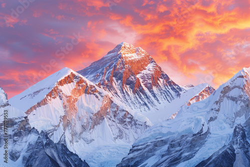 A breathtaking 4K photograph of a snow-capped mountain range at sunrise  with hues of pink and orange painting the sky  casting a warm glow over the icy peaks.