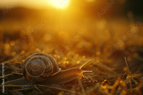 A snail crawls at sunset, golden light surrounding. Snail farm at sunset, where the golden hour light casts