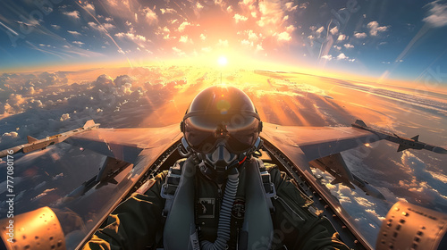 Fighter pilot photo in fighter or jet cabin. Pilot in the fighter jet flying to an earth.