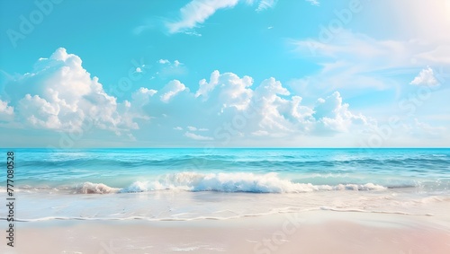 beautiful sandy beach with a clear blue sky and turquoise sea water in the background  sunlight casting soft shadows on the sand.