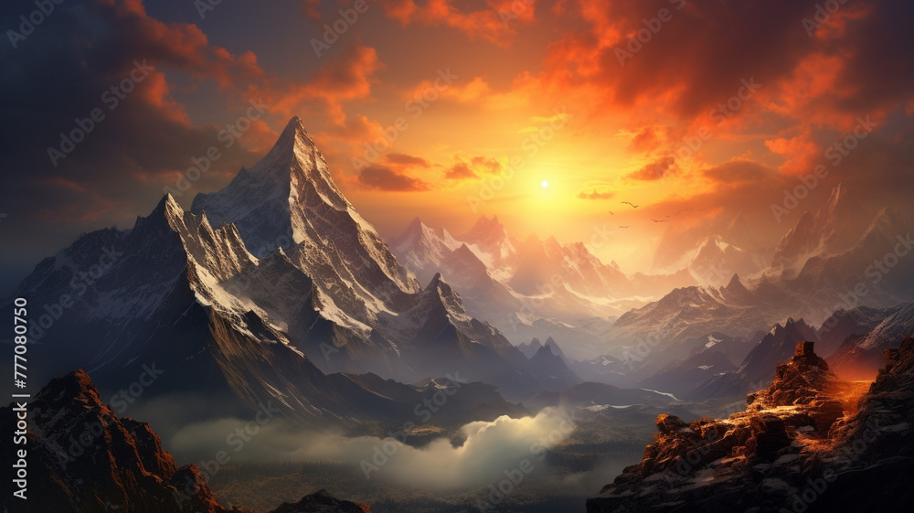 A breathtaking view of a majestic mountain range at sunrise.