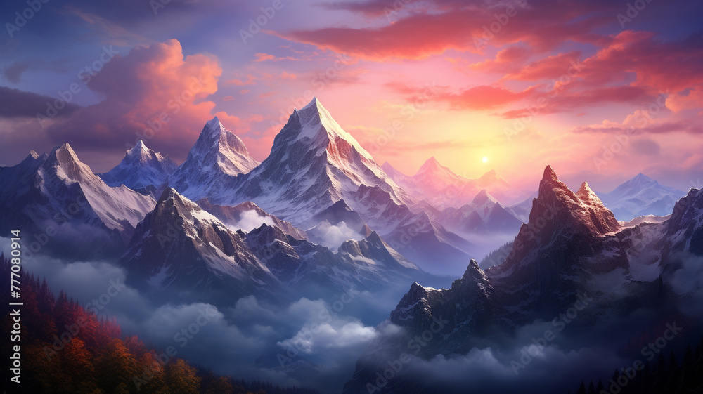 A breathtaking view of a majestic mountain range at sunrise.