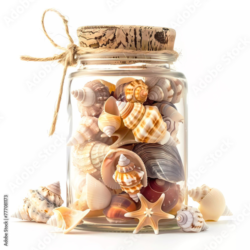 Seashells in a glass jar on white background. Generative ai design concept art.