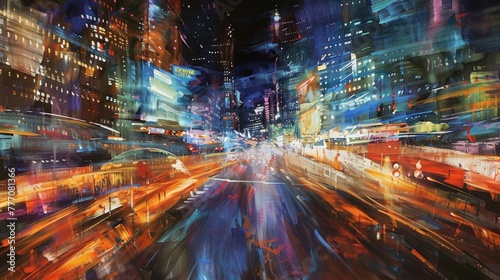 An impressionistic cityscape at night with blurred streaks of light creating a dynamic and energetic composition.