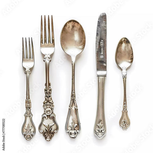 Vintage silver cutlery on white background. Generative ai design concept art.