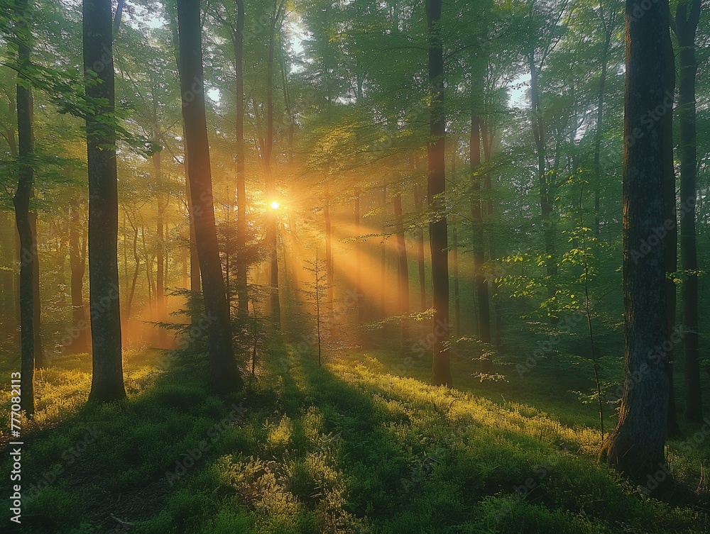 Sunbeams pour through trees in misty forest, Beautiful nature at morning in the misty spring forest