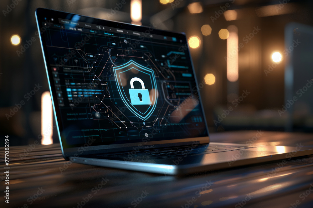 © grey - A laptop screen showing a shield icon with a padlock, cybersecurity concept © grey - A laptop screen showing a shield icon with a padlock, cybersecurity concept