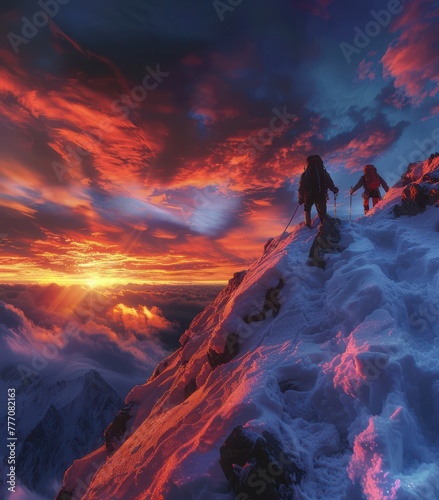 A realistic, expressionistic photo capturing climbers reaching the summit at sunset, with dramatic lighting and vibrant colors