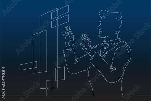 Male high technology engineer. Information technology administrator at work. Server data management.  One continuous line . Line art. Minimal single line.Dark background. One line drawing.