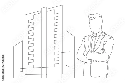 Male high technology engineer. Information technology administrator at work. Server data management. One continuous line . Line art. Minimal single line.White background. One line drawing.