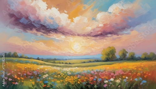 Abstract painting of colorful fields. Spring wildflower field. Warm tone landscape © LilithArt