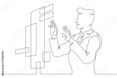 Male high technology engineer. Information technology administrator at work. Server data management. One continuous line . Line art. Minimal single line.White background. One line drawing.