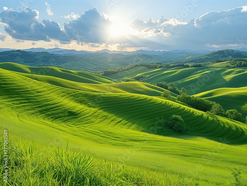 Green summer landscape scenic view, green fields and rolling hills landscape