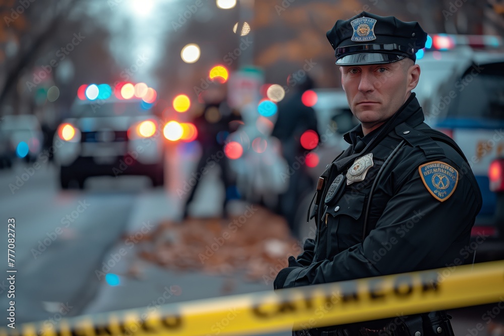 a police officer standing guard next to yellow crime scene tape with police cars and traffic in the distance a police officer standing guard next to yellow crime scene tape with police cars and traffic in the distance