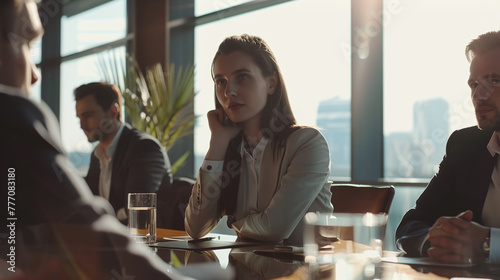 Young beautiful business woman sitting at a meeting with colleagues in a modern office. Corporate event or meeting in the business center