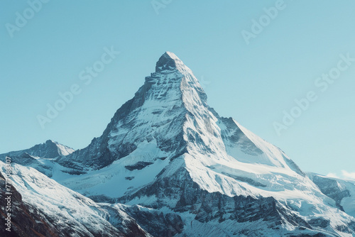 A captivating 4K photograph of a majestic mountain peak, towering against a clear blue sky, with snow-capped slopes and rugged terrain. © CREATER CENTER