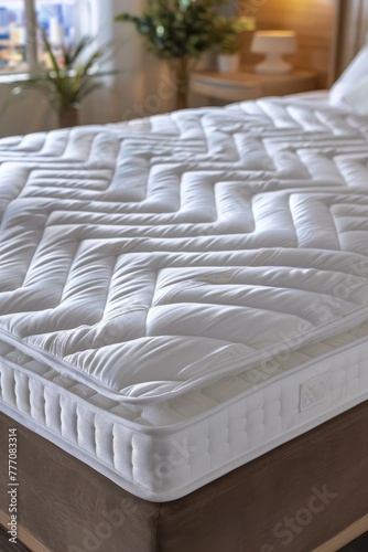 Close up of a white mattress protector on a neatly arranged and stylishly made bed
