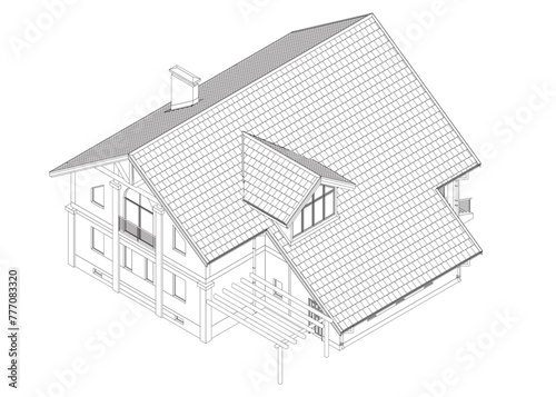 Outline suburban house model. Drawing of the modern building. Cottage project on white background. Vector blueprint. Isometric view. 3D.