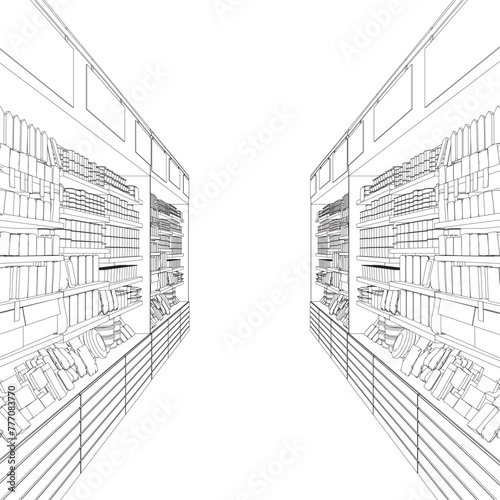 Outline Supermarket store interior with goods. Contour Grocery supermarket and store with shelves and products. Vector illustration.