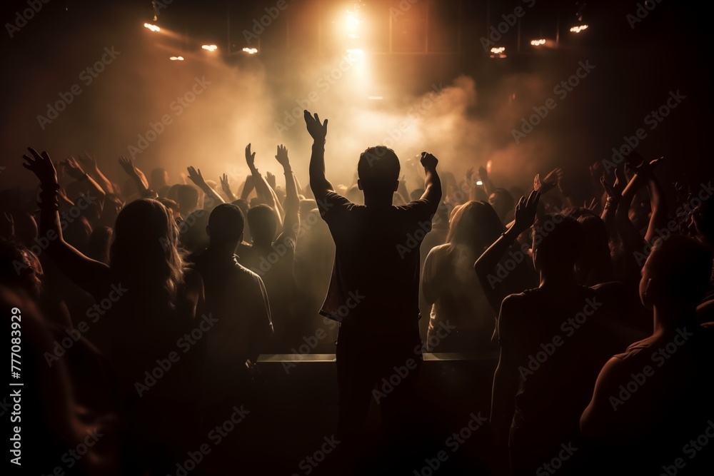 Silhouettes of people enjoying a dynamic concert with smokes and strobe lights from the stage