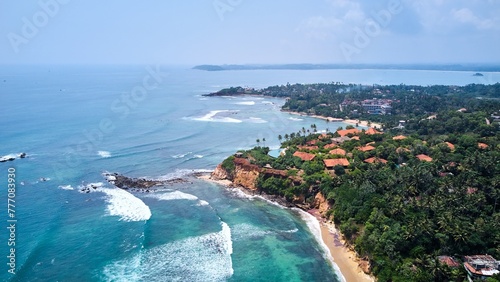 Aerial view of srilanka beaches and turquoise indian ocean. Cape Weligama Luxury Hotel