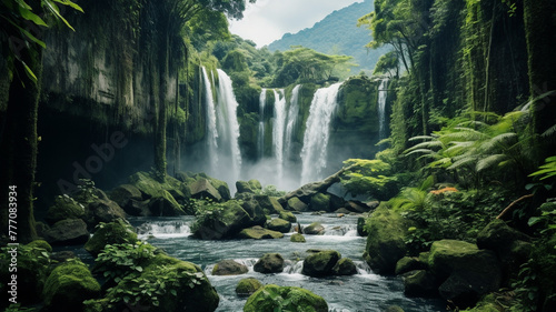 A cascading waterfall amidst a lush green landscape.