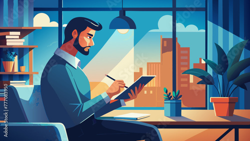 Man making notes while using a tablet