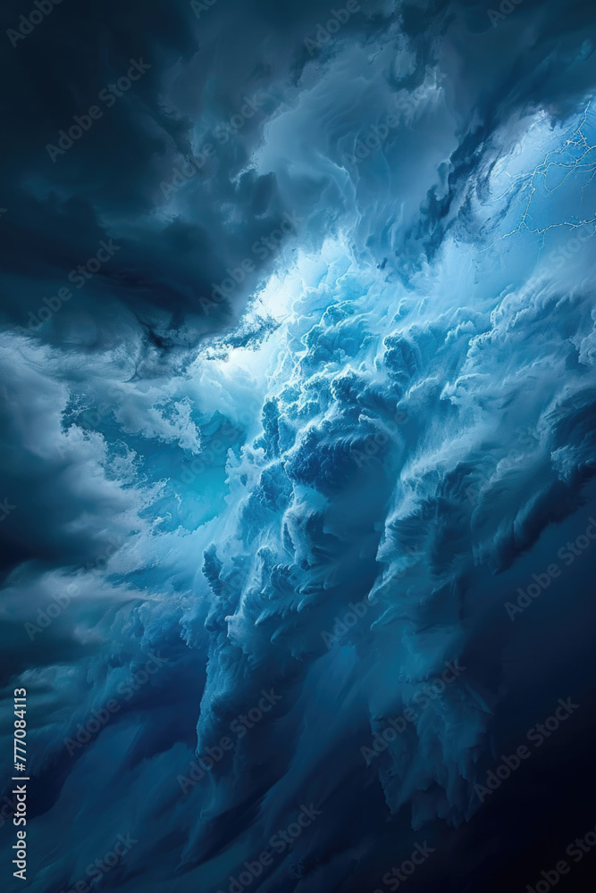 A significant blue cloud dominates the dark sky, creating a striking contrast in the atmosphere A significant blue cloud dominates the dark sky, creating a striking contrast in the atmosphere