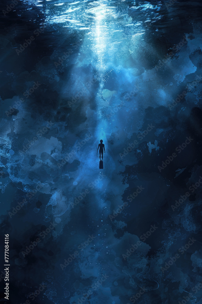 A lone person is submerged in a deep blue sea, illuminated by a beam of sunlight from above