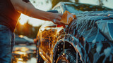 Young car wash worker washing a car