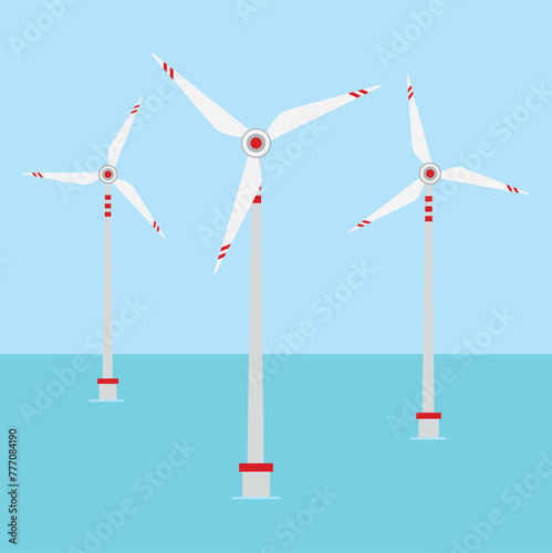 Offshore wind farm, vector illustration of windmill park at sea. Alternative energy