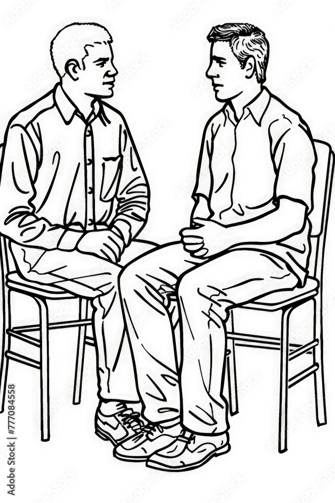 Two men sitting on chairs facing each other engage in a conversation