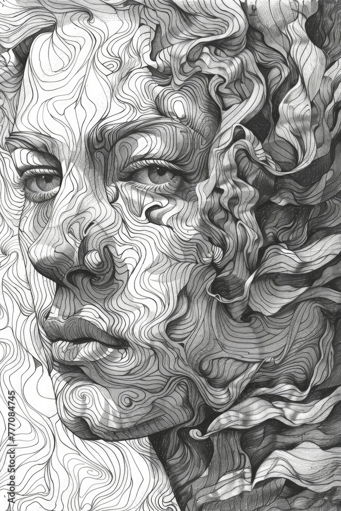 Detailed black and white drawing depicting the facial features of woman, showcasing intricate lines and shading